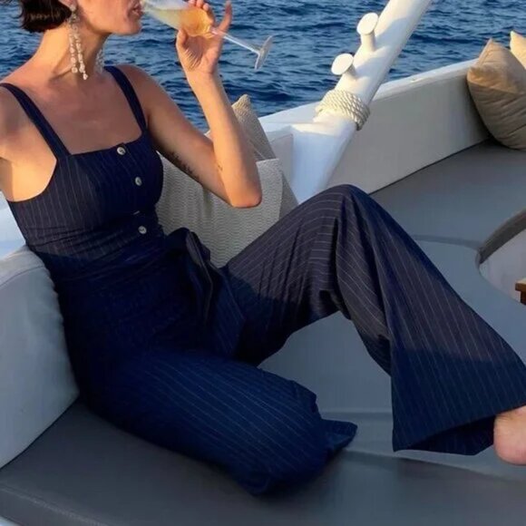 STAUD Boats At The Dock Deep Ocean Blue Buttoned Jumpsuit - Picture 10 of 15